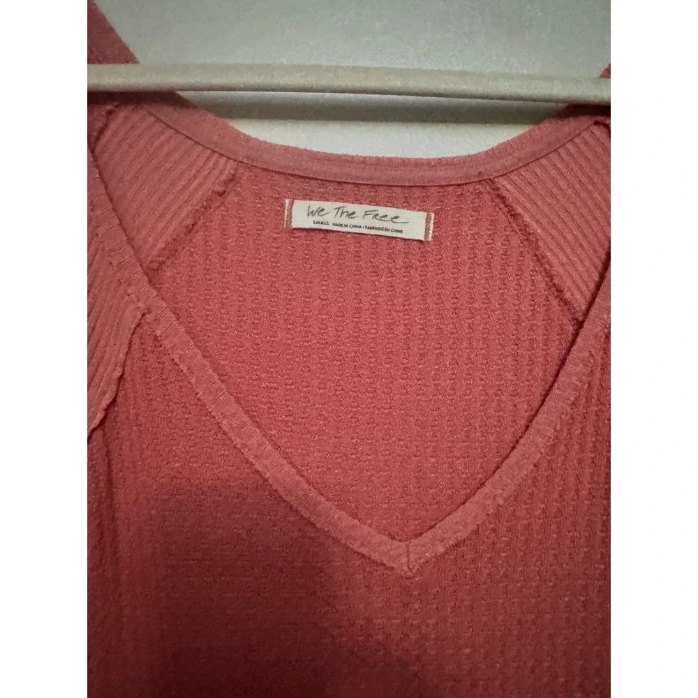 Free People We The Free Rose Pink Waffle Knit V-Neck Thermal Top Small